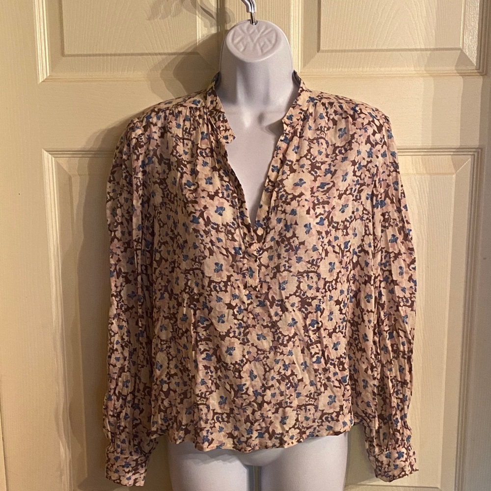 Z Supply Beige Floral V-Neck Peasant Blouse with Blue Accents